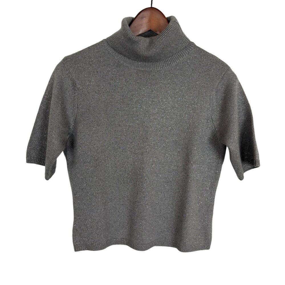Talbots Silver Metallic Wool Blend Turtleneck Short Sleeve Sweater Petite